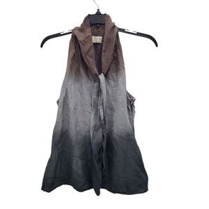 Glam Vintage Soul Women's Brown Blue Ombre Watercolor Silk V-Neck Tie Neck Top M